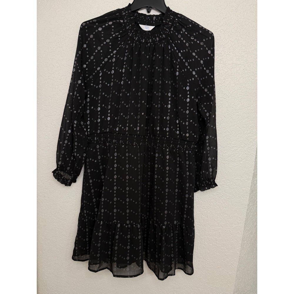 Time and Tru Womens XXL 20 Black Silver Metallic Foil Smocked Mini Dress New